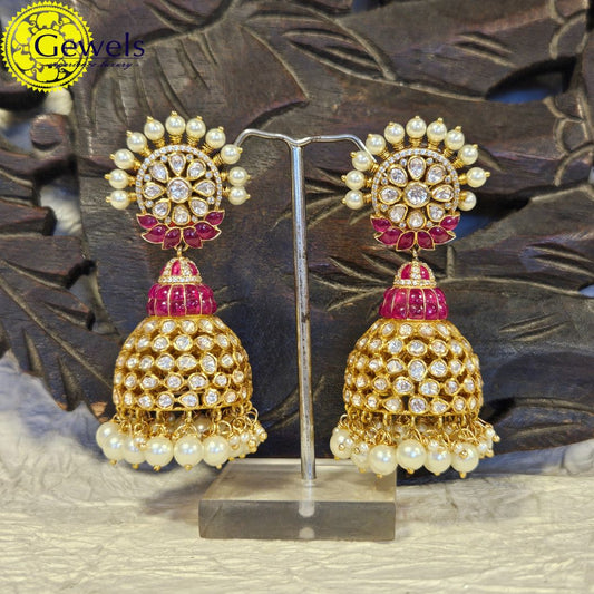 Gewels Swastik Polki Ruby Jhumkas