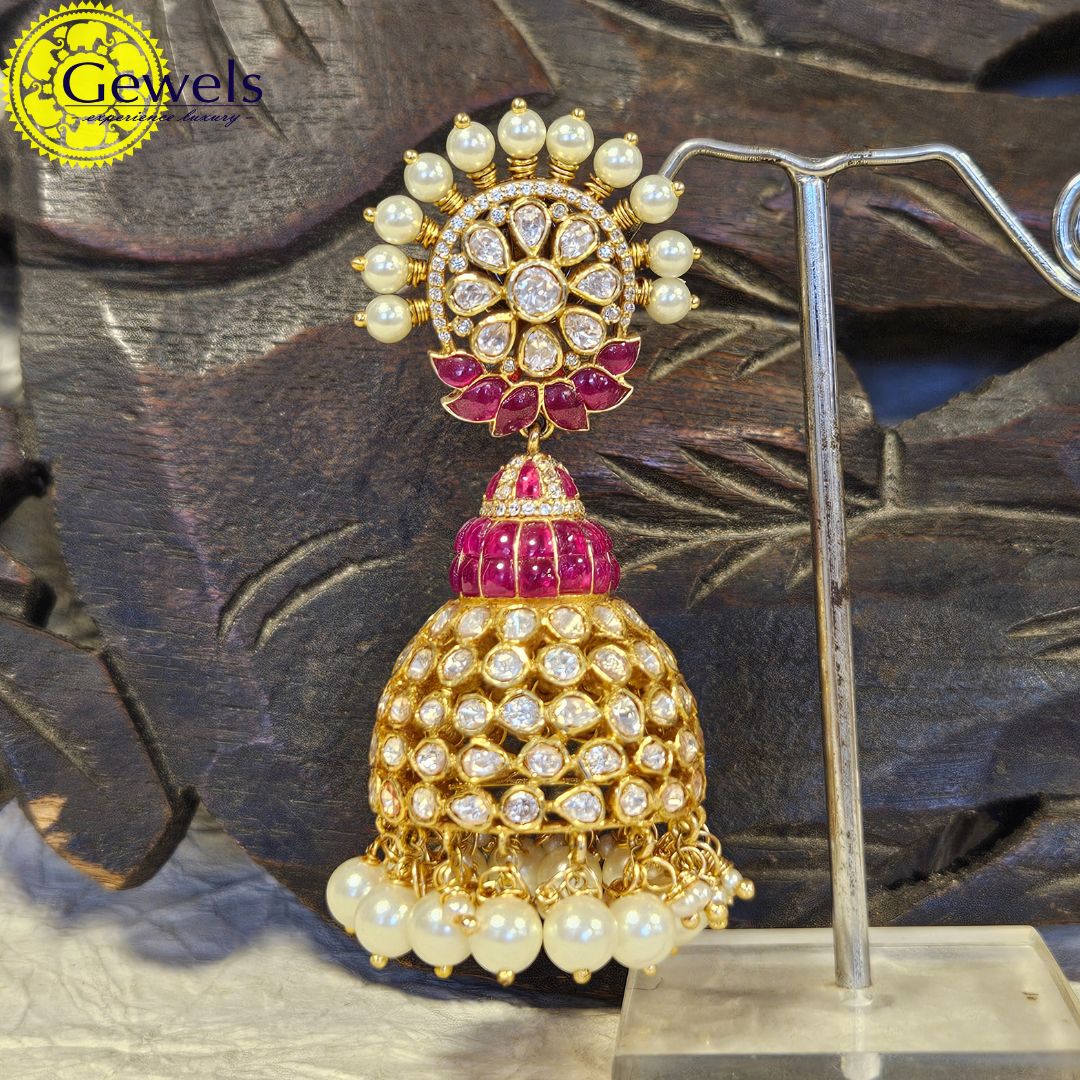 Gewels Swastik Polki Ruby Jhumkas