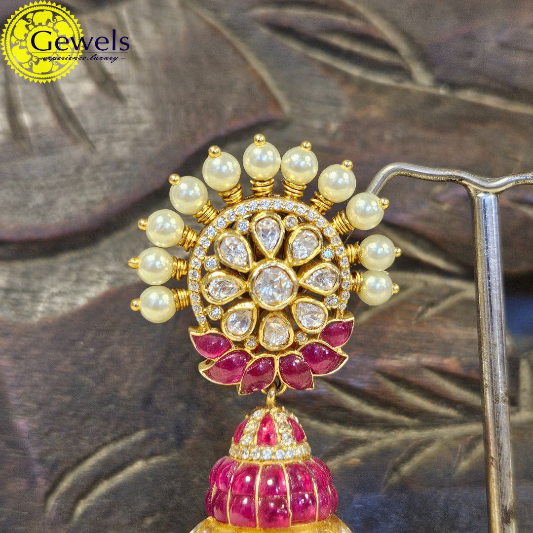Gewels Swastik Polki Ruby Jhumkas