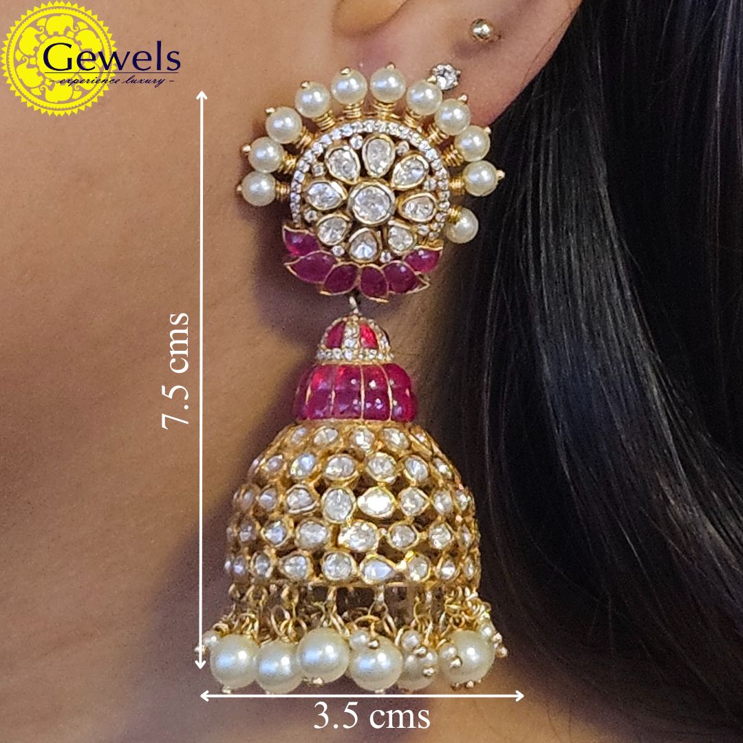 Gewels Swastik Polki Ruby Jhumkas